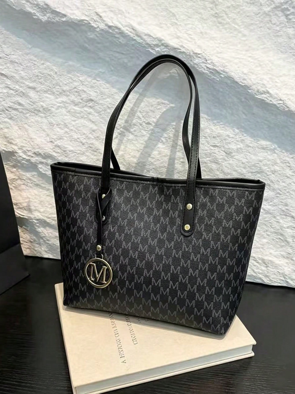 M Monogrammed Black Tote Bag with Signature Charm